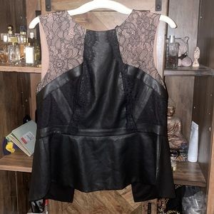 BCBG peplum faux leather and lace top